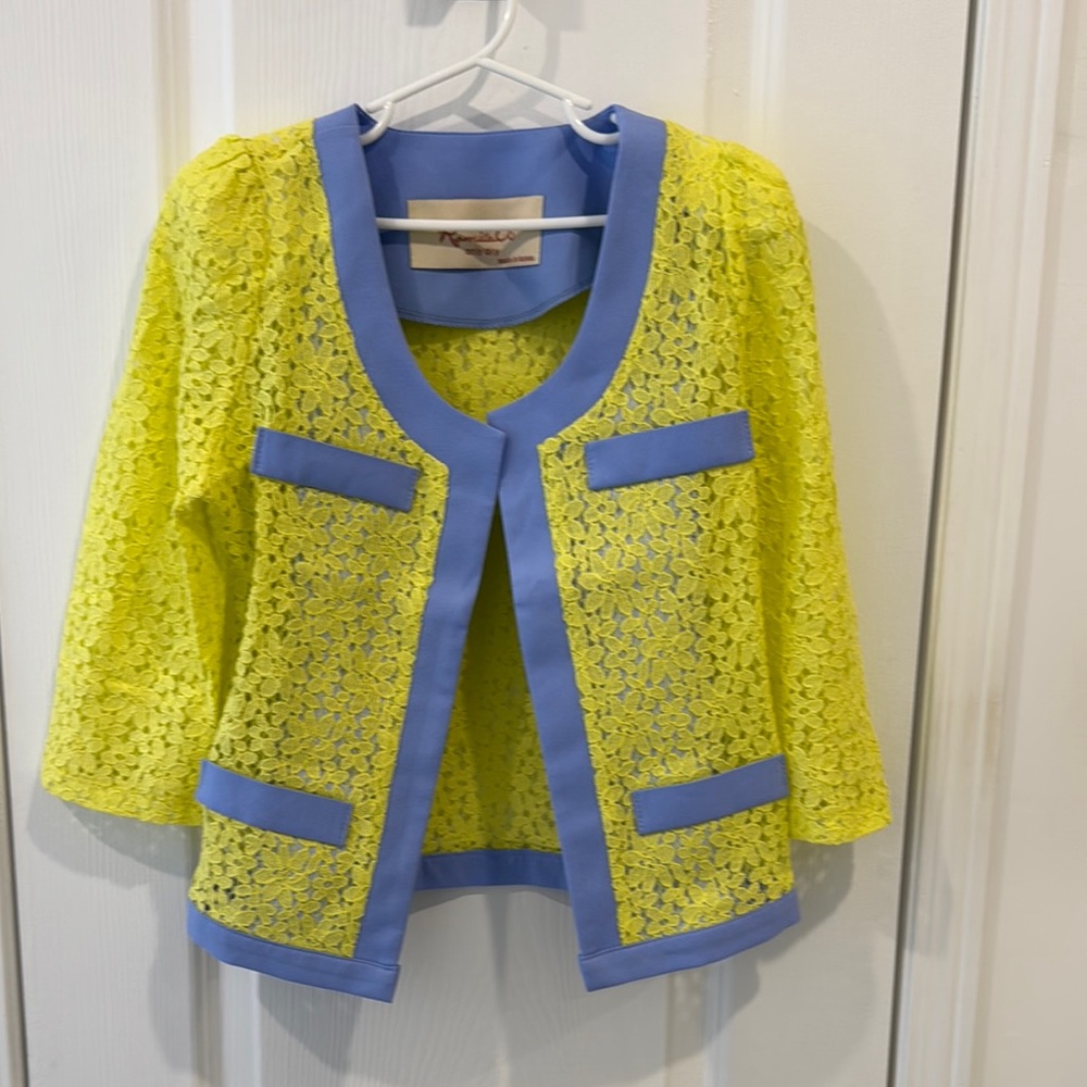 Yellow Lace Cardigan with Blue Trim